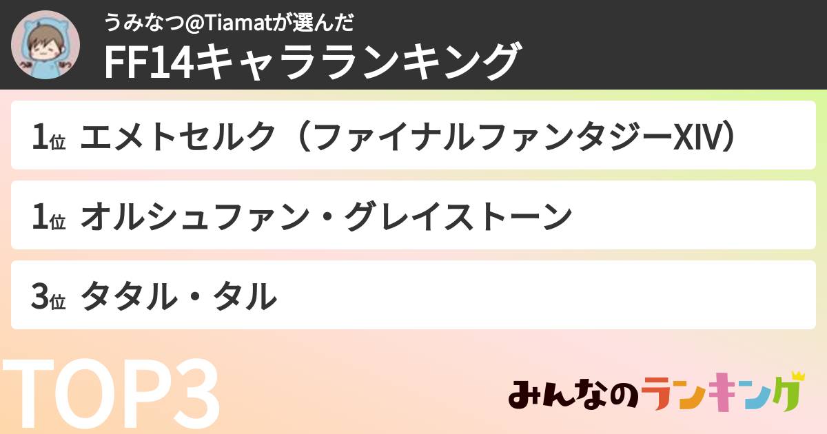 うみなつ@Tiamatさんの「FF14キャラランキング」