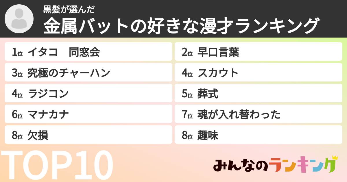 黒髪さんの「金属バット漫才ランキング」