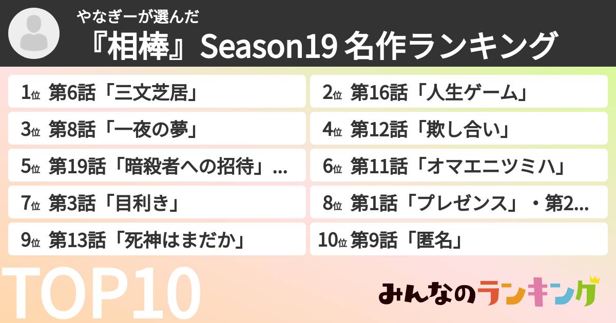 やなぎーさんの「『相棒』Season19 名作ランキング」