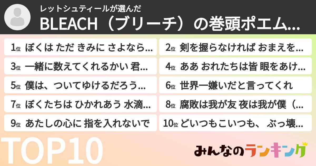 レットシュティールさんの「BLEACH（ブリーチ）の巻頭ポエムランキング」