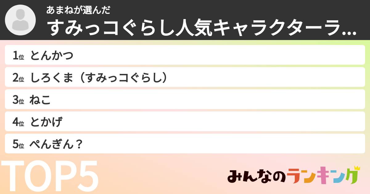あまねさんの「すみっコぐらし人気キャラクターランキング」