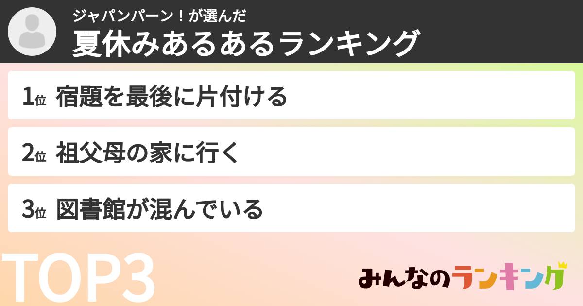 ジャパンパーン！さんの「夏休みあるあるランキング」