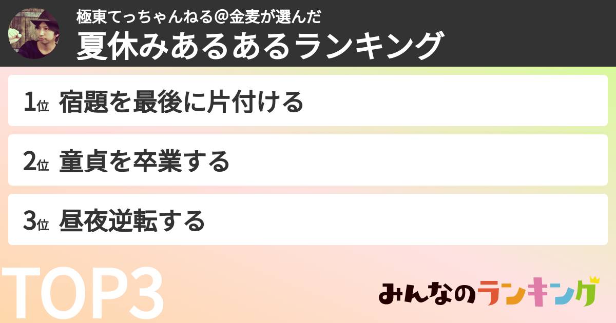 極東てっちゃんねる＠金麦さんの「夏休みあるあるランキング」