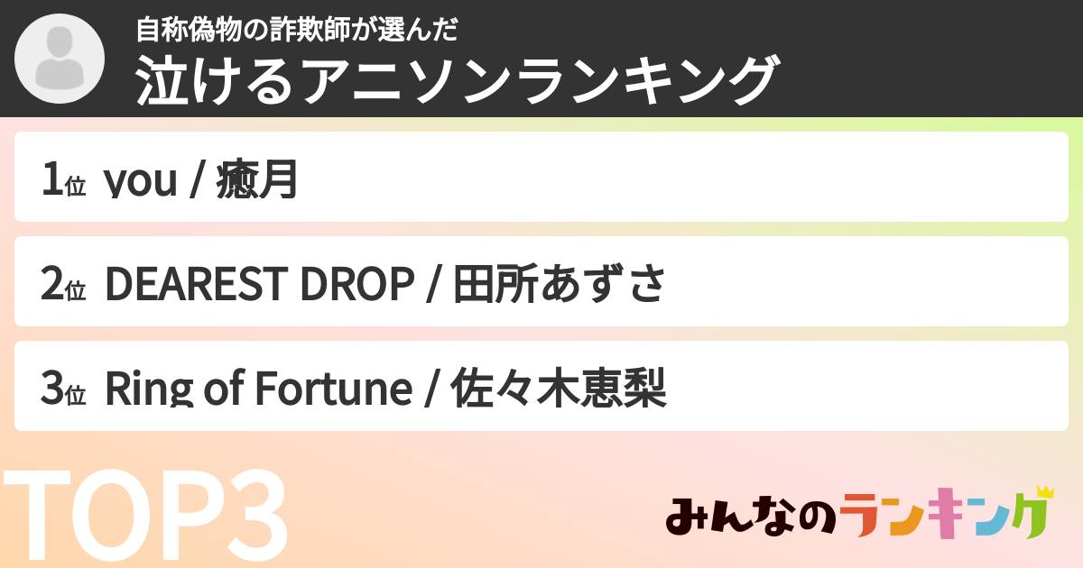 自称偽物の詐欺師さんの「泣けるアニソンランキング」