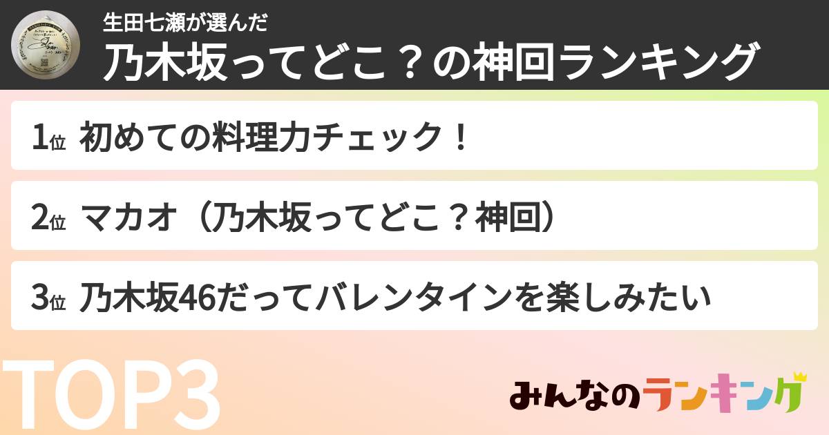 生田七瀬さんの「乃木坂ってどこ？の神回ランキング」