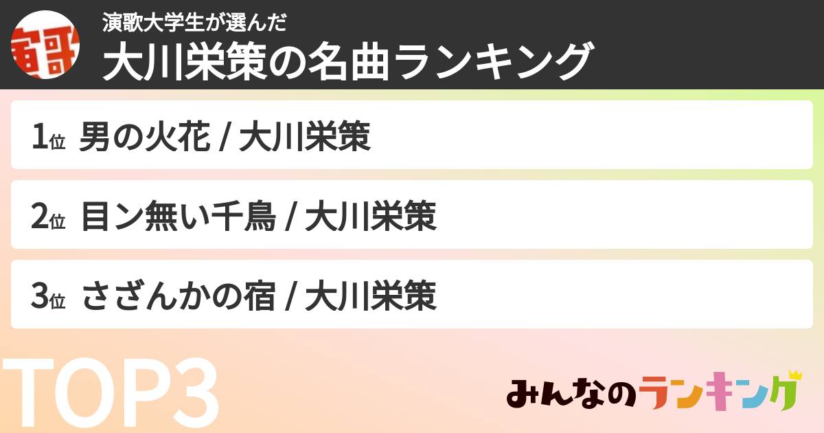 演歌大学生さんの「大川栄策の曲ランキング」