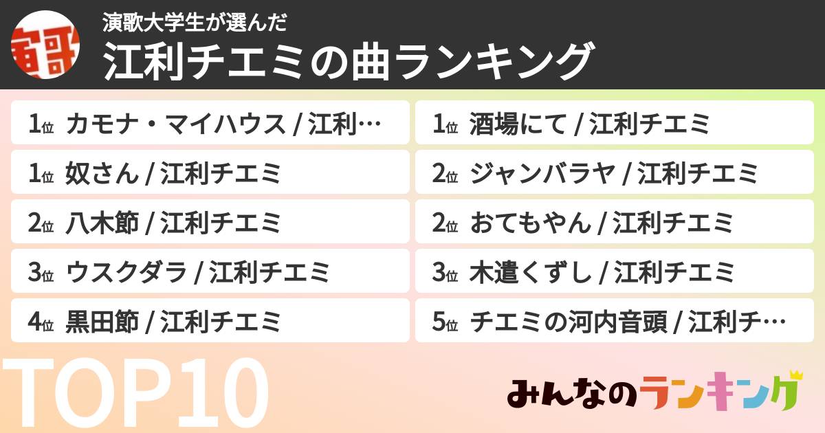演歌大学生さんの「江利チエミの曲ランキング」