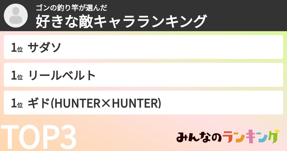 ゴンの釣り竿さんの「好きな敵キャラランキング」