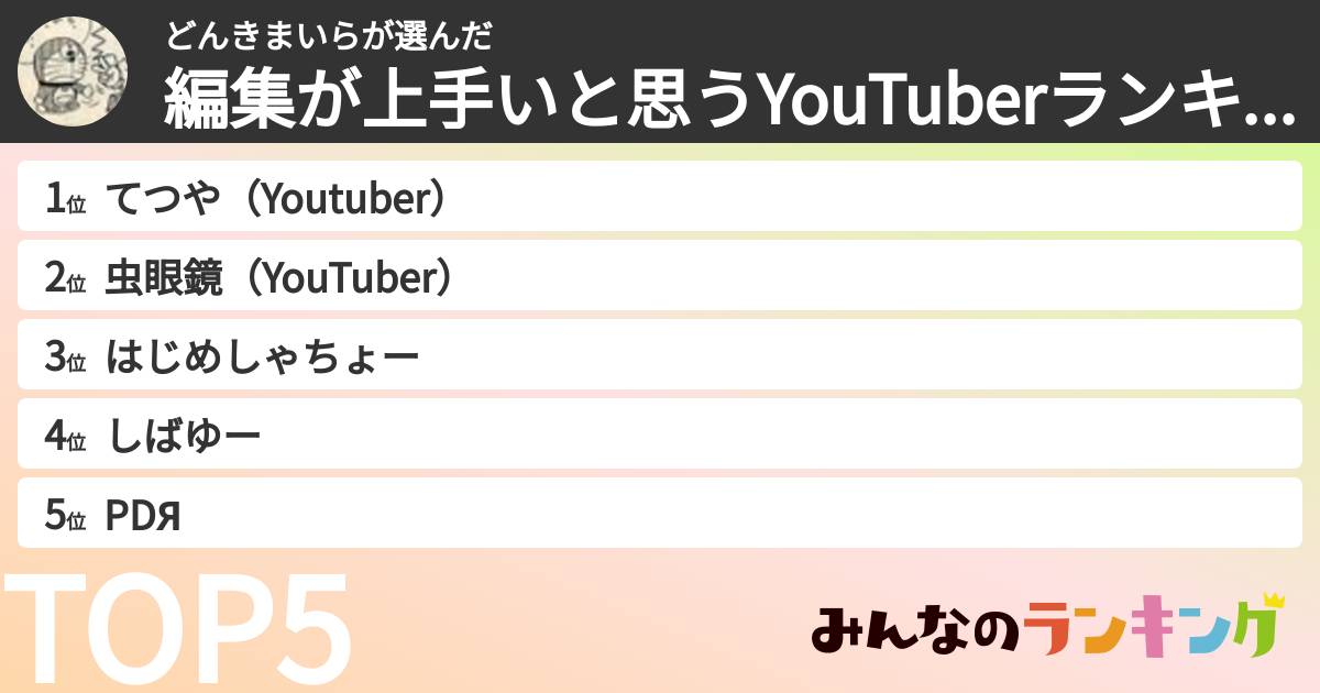 どんきまいらさんの「編集が上手いと思うYouTuberランキング」