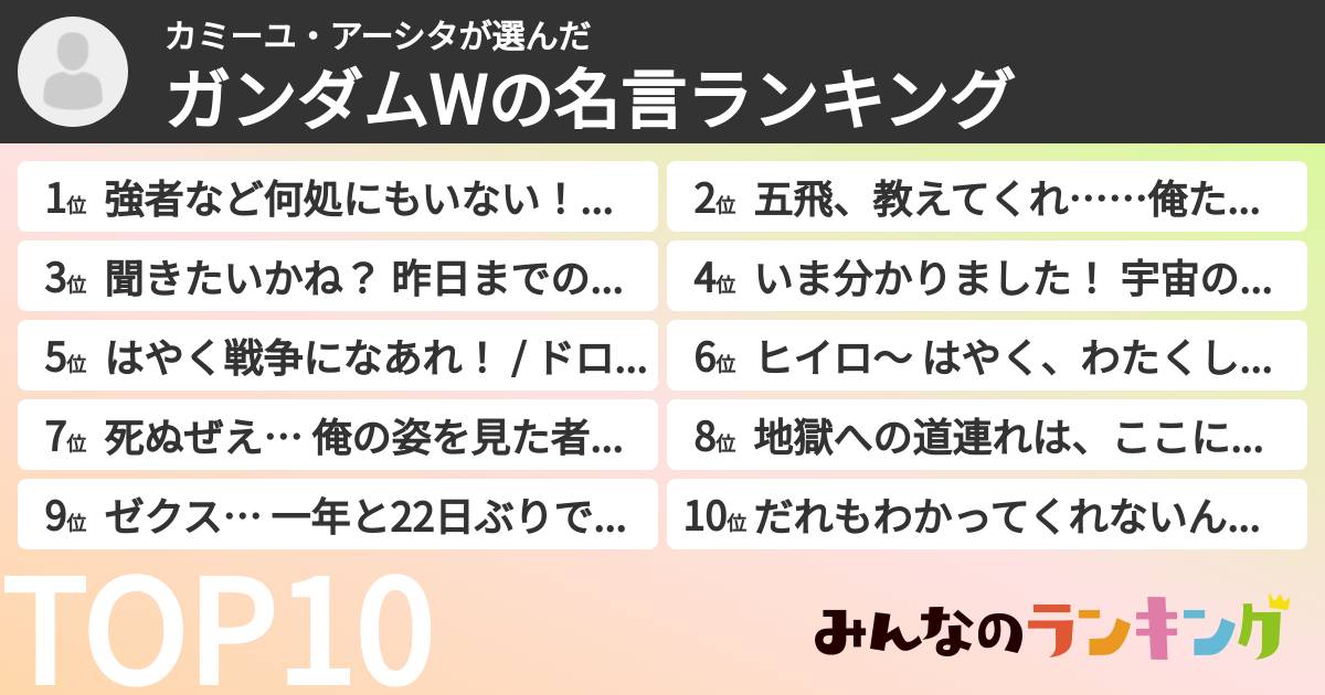 カミーユ・アーシタさんの「ガンダムWの名言ランキング」