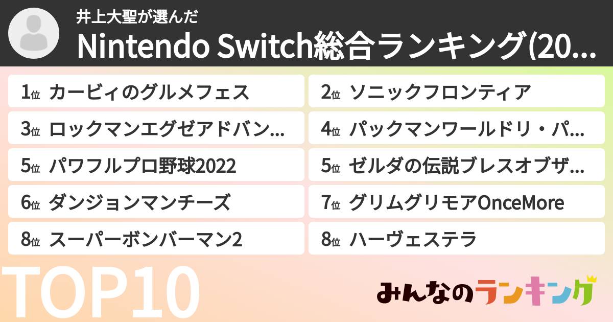 井上大聖さんの「Nintendo Switch総合ランキング(2022~2023)」