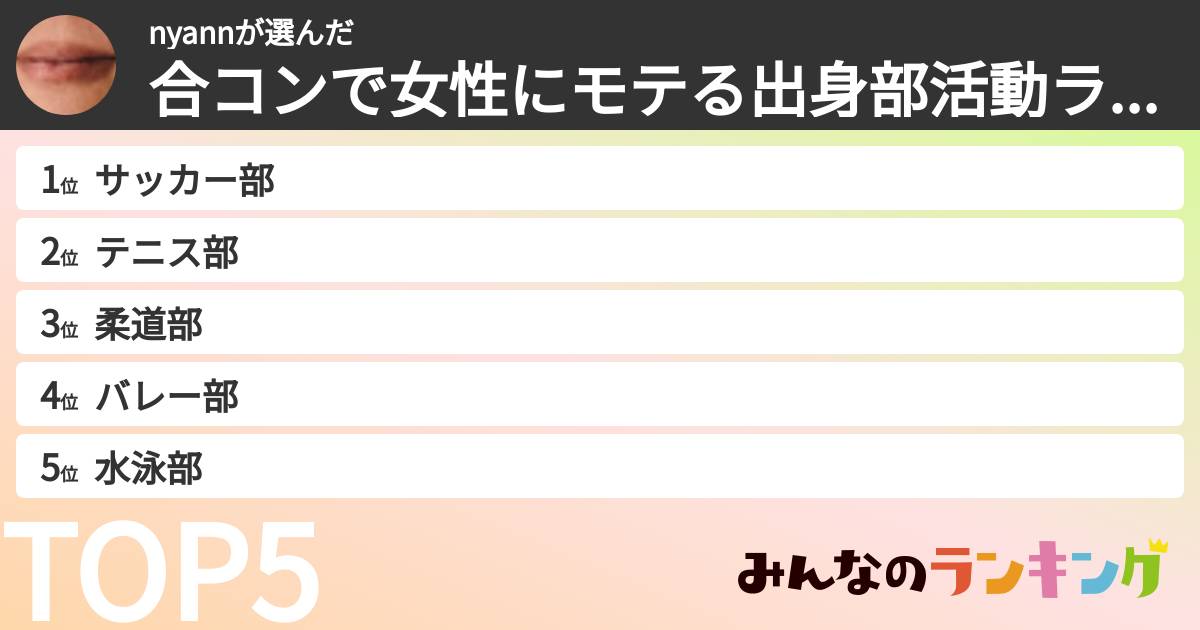 nyannさんの「合コンで女性にモテる出身部活動ランキング」