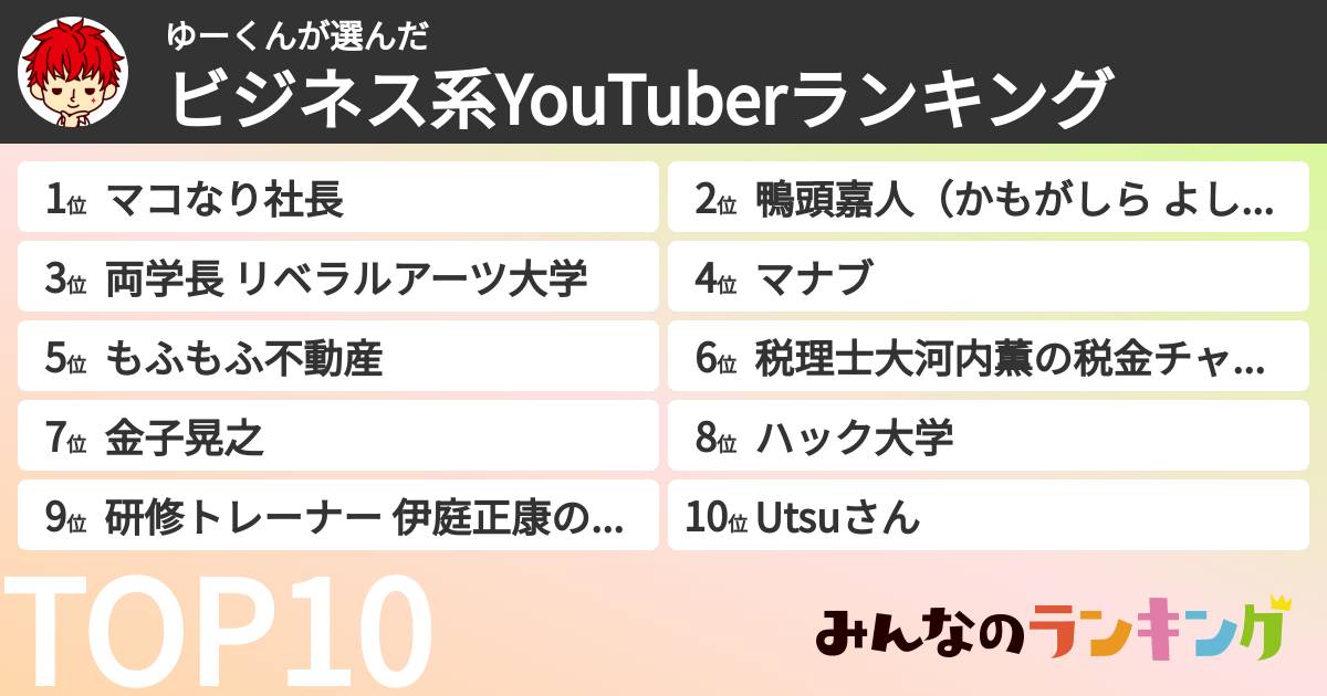 ゆーくんさんの「ビジネス系YouTuberランキング」