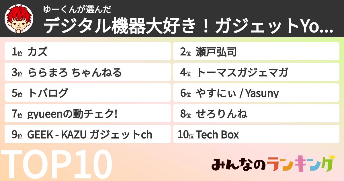 ゆーくんさんの「デジタル機器大好き!ガジェットYouTuberランキング」
