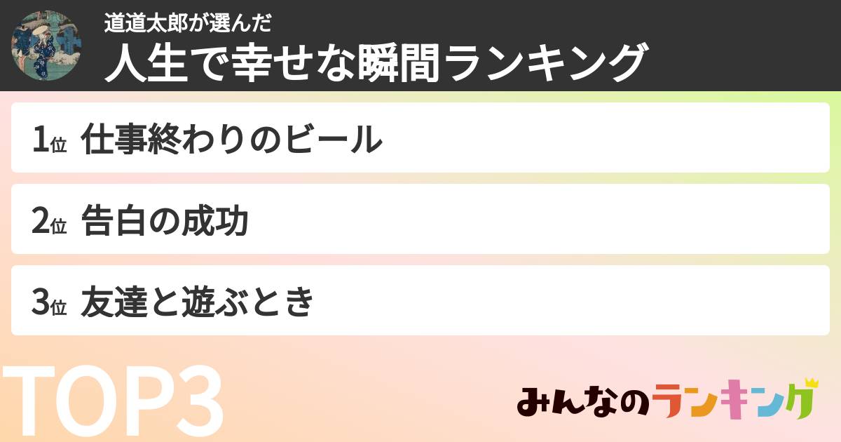 道道太郎さんの「人生で幸せな瞬間ランキング」