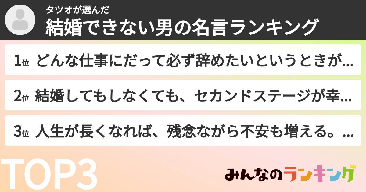 タツオさんの「結婚できない男の名言ランキング」