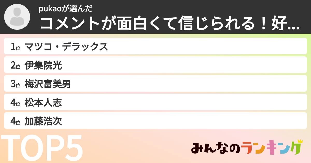 pukaoさんの「コメントが面白くて信じられる！好きなご意見番芸能人ランキング」