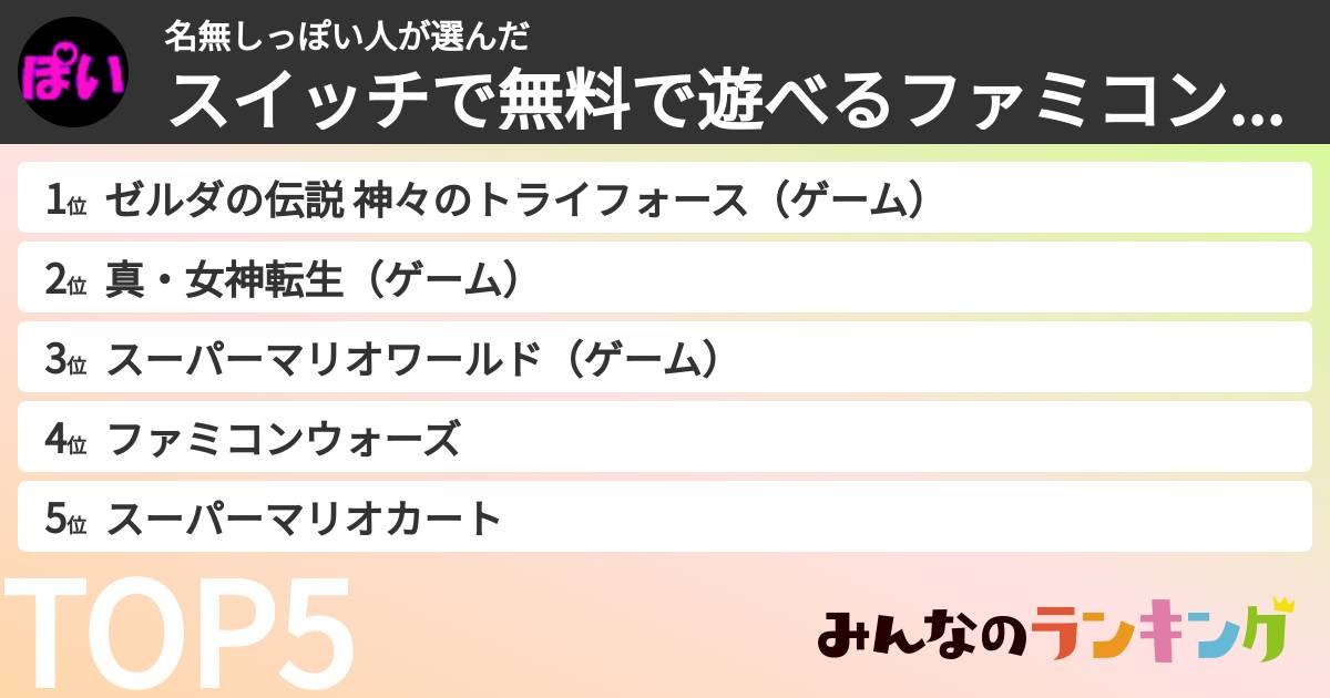 名無しっぽい人さんの「スイッチで無料で遊べるファミコン・スーファミソフトランキング」