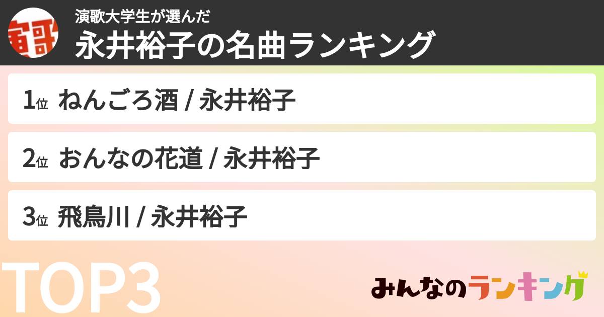 演歌大学生さんの「永井裕子の名曲ランキング」