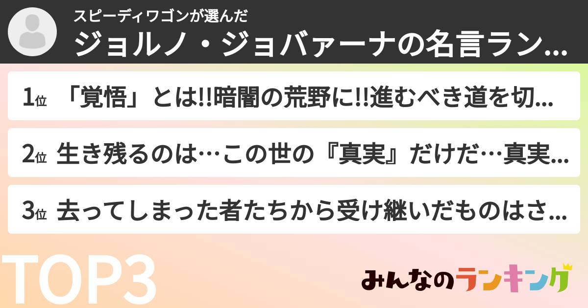 スピーディワゴンさんの「ジョルノ・ジョバァーナの名言ランキング」