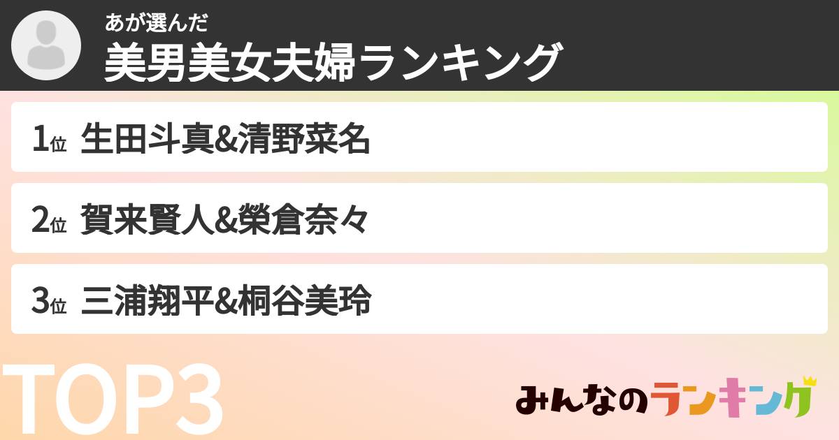 あさんの「美男美女夫婦ランキング」