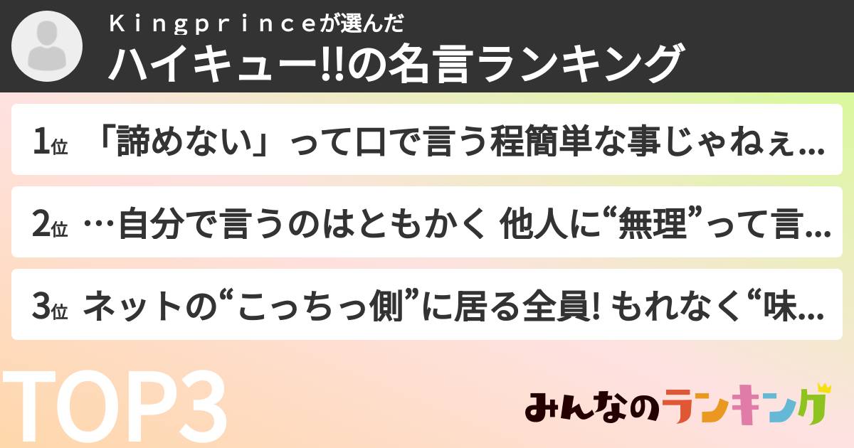 Ｋｉｎｇｐｒｉｎｃｅさんの「ハイキュー!!の名言ランキング」