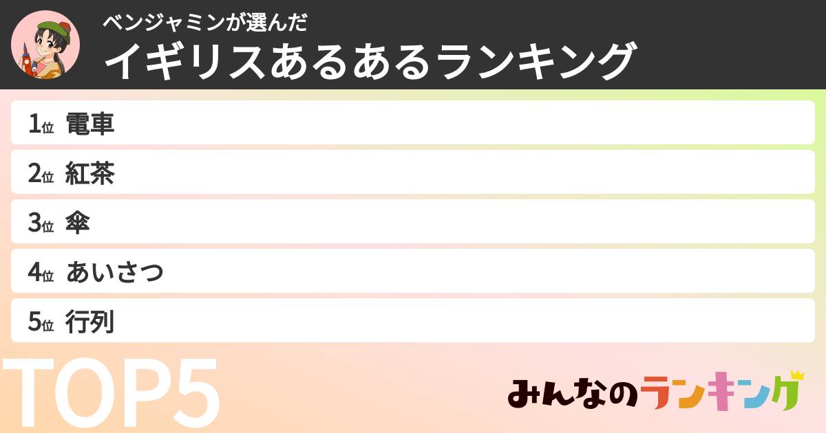 ベンジャミンさんの「イギリスあるあるランキング」