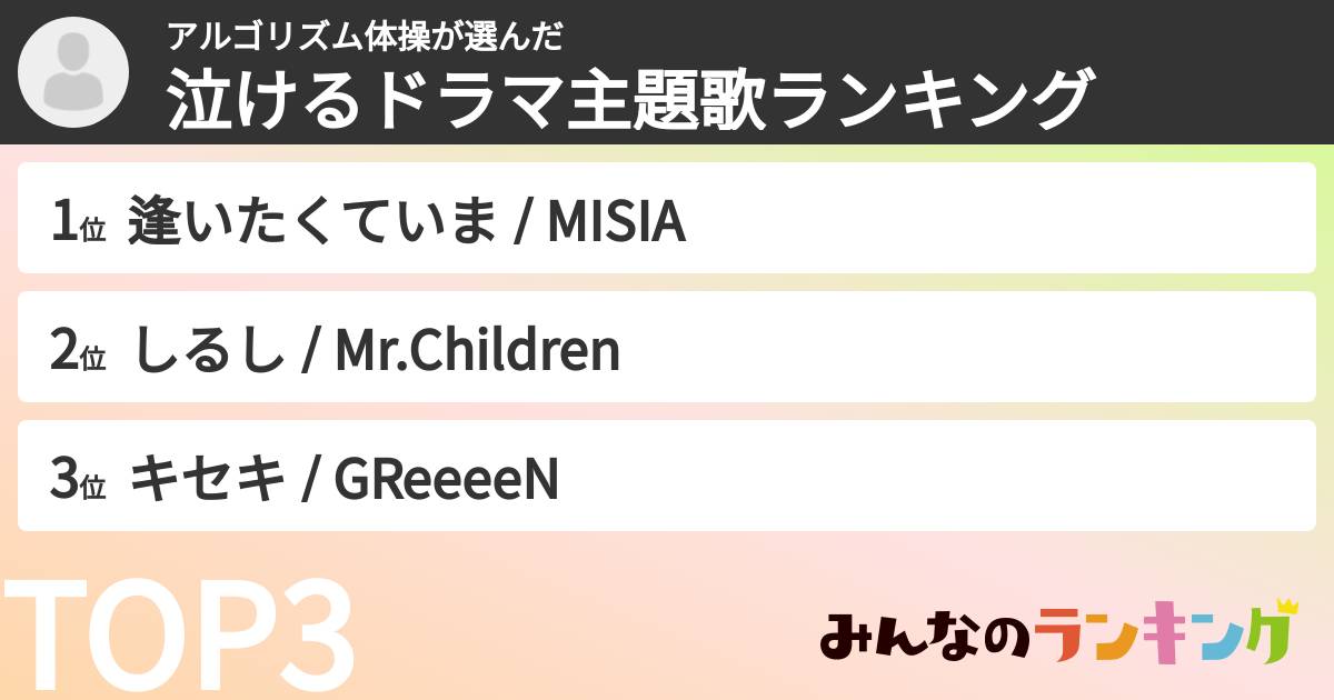 アルゴリズム体操さんの「泣けるドラマ主題歌ランキング」
