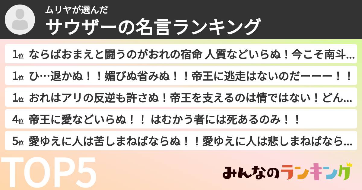 ムリヤさんの「サウザーの名言ランキング」