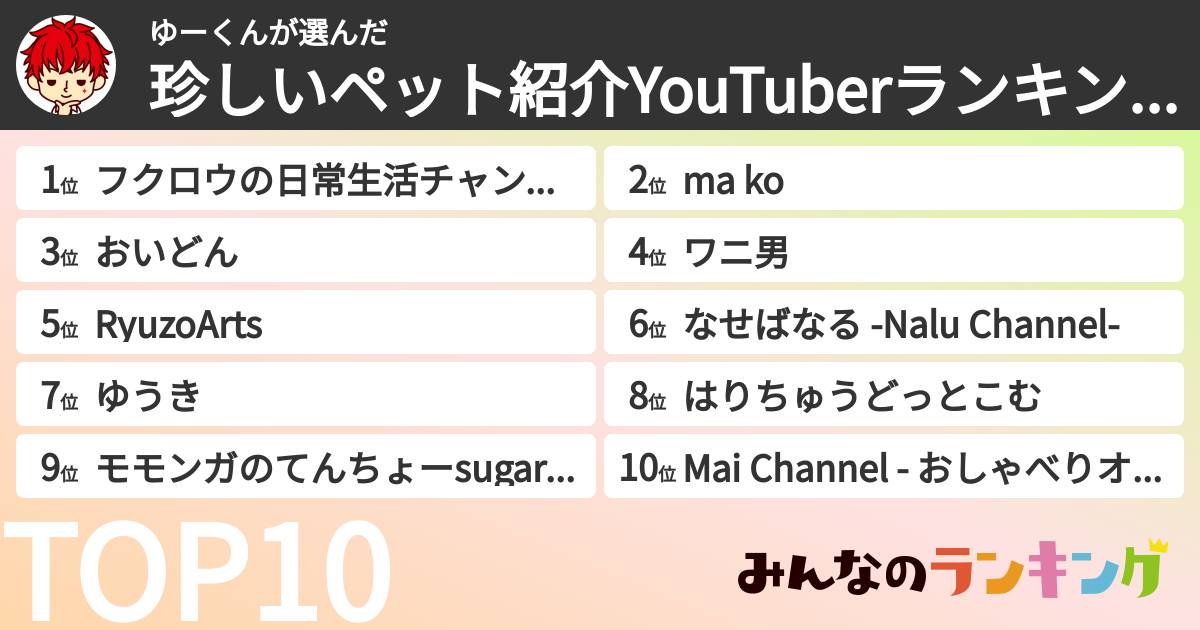 ゆーくんさんの「珍しいペット紹介YouTuberランキング」