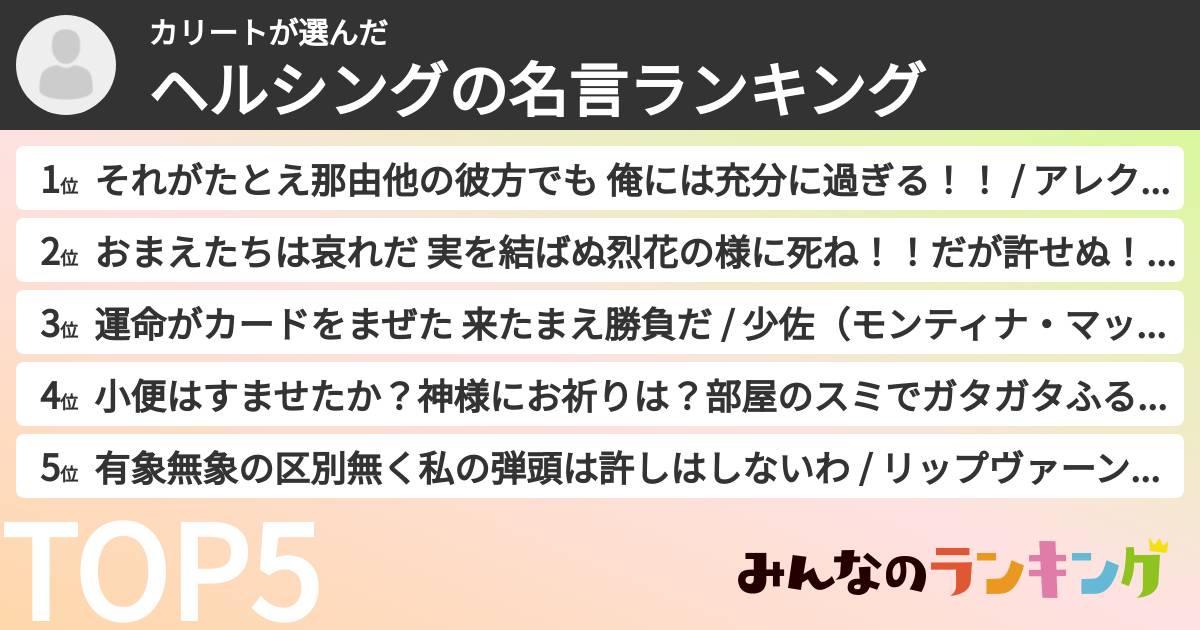 カリートさんの「ヘルシングの名言ランキング」