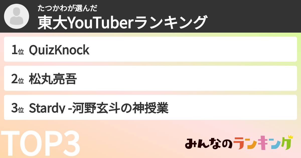 たつかわさんの「東大YouTuberランキング」