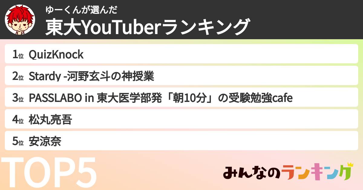 ゆーくんさんの「東大YouTuberランキング」