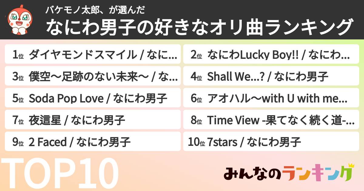 バケモノ太郎、さんの「なにわ男子の好きなオリ曲ランキング」