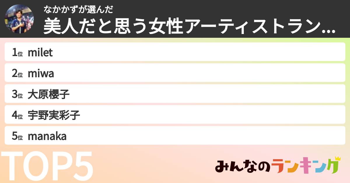 なかかずさんの「美人だと思う女性アーティストランキング」