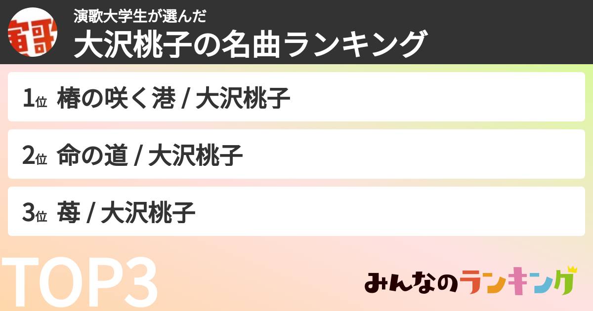 演歌大学生さんの「大沢桃子の名曲ランキング」