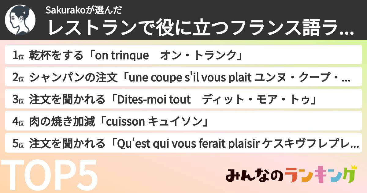 Sakurakoさんの「レストランで役に立つフランス語ランキング」