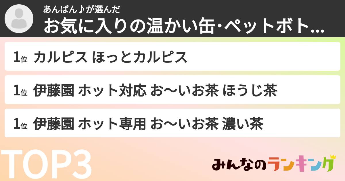 あんぱん♪さんの「お気に入りの温かい缶･ペットボトル飲料ランキング」