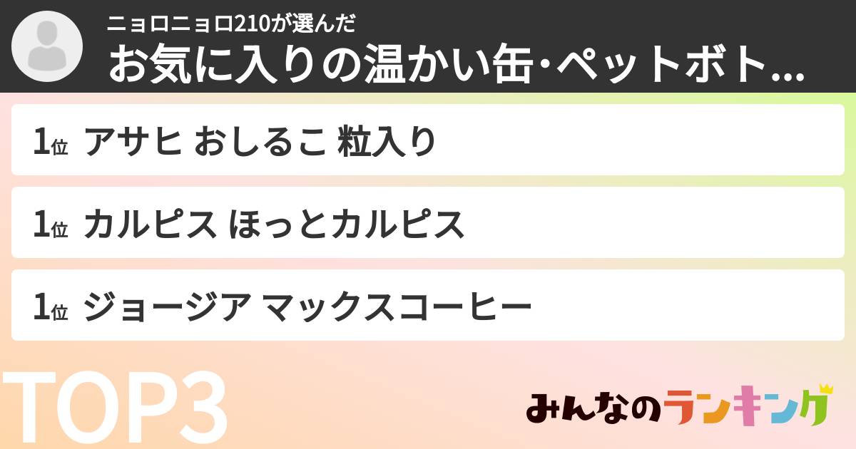 ニョロニョロ210さんの「お気に入りの温かい缶･ペットボトル飲料ランキング」