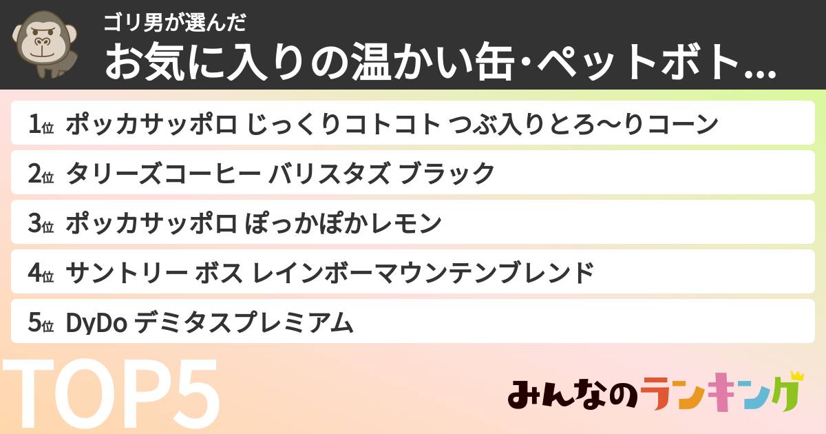 ゴリ男さんの「お気に入りの温かい缶･ペットボトル飲料ランキング」