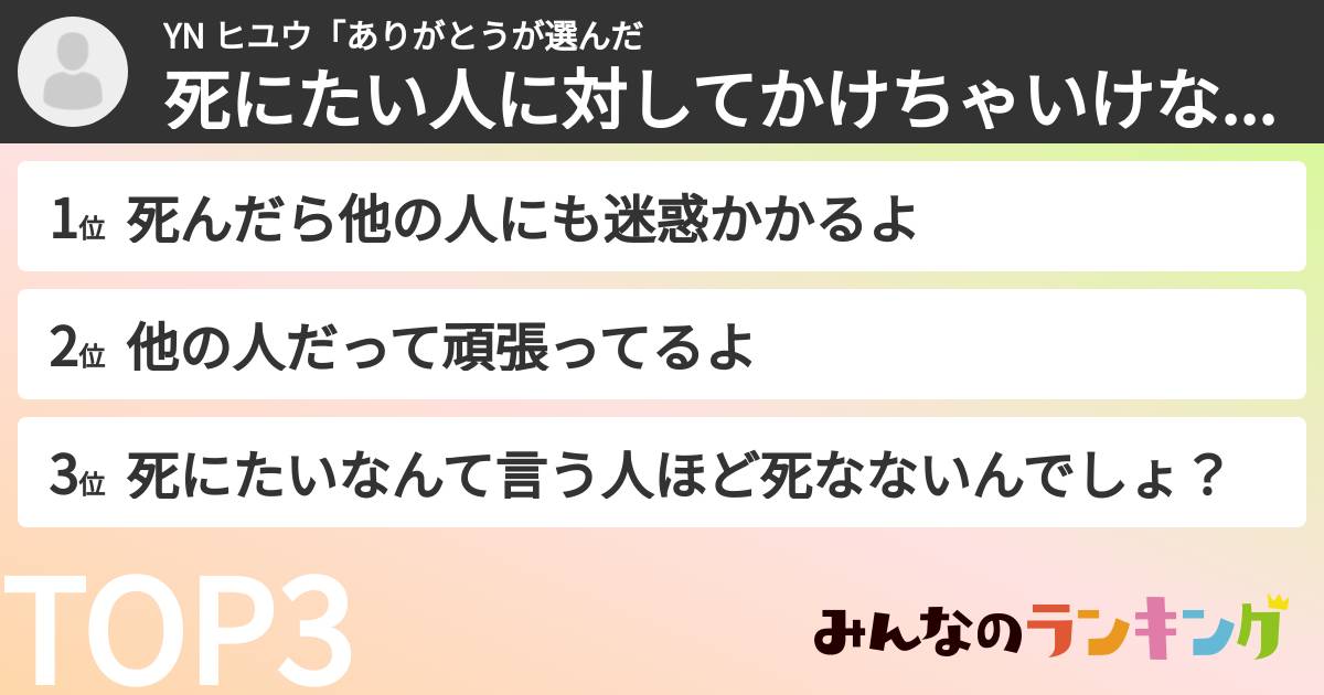 YN ヒユウ「ありがとうさんの「死にたい人に対してかけちゃいけない言葉ランキング」