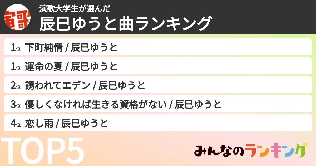演歌大学生さんの「辰巳ゆうと曲ランキング」