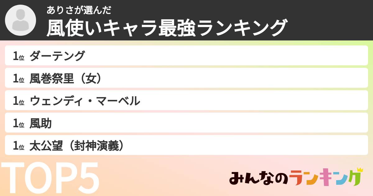 ありささんの「風使いキャラ最強ランキング」