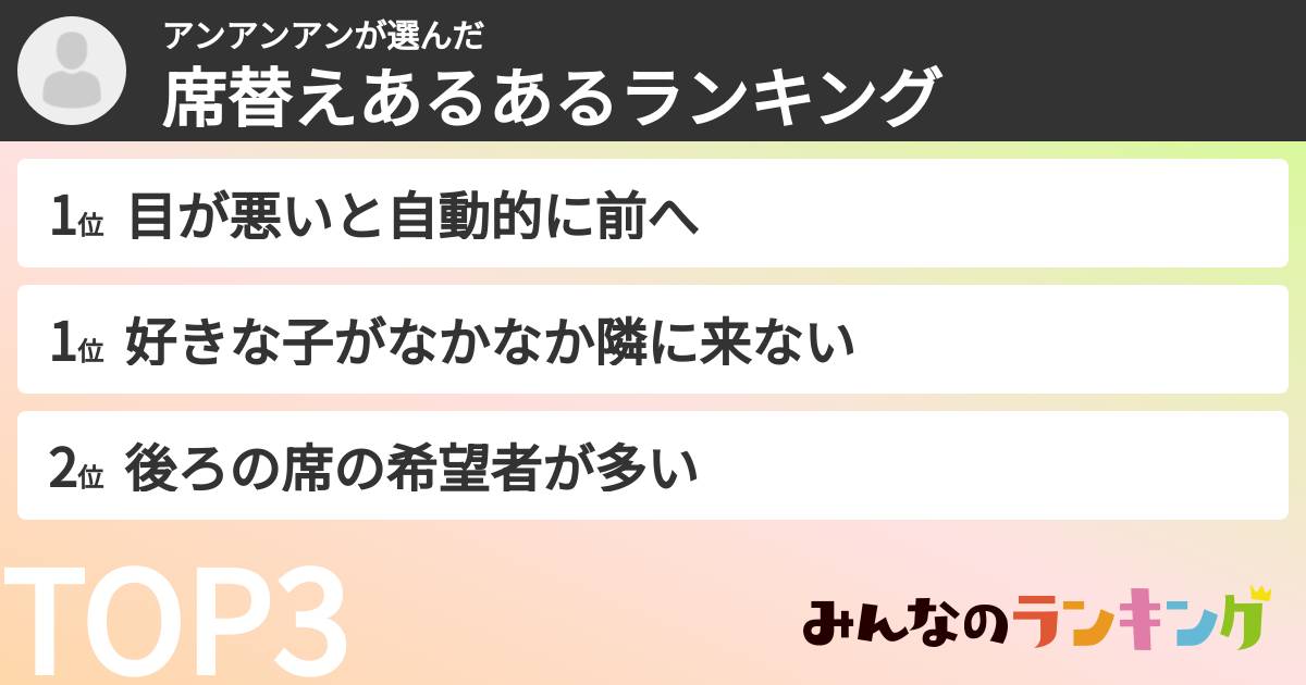 アンアンアンさんの「席替えあるあるランキング」