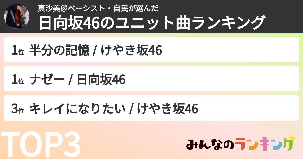 真沙美@ベーシスト・自民さんの「日向坂46のユニット曲ランキング」