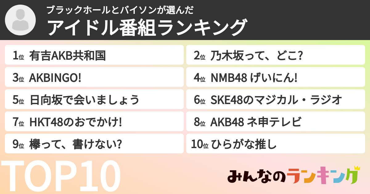 ブラックホールとバイソンさんの「アイドル番組ランキング」