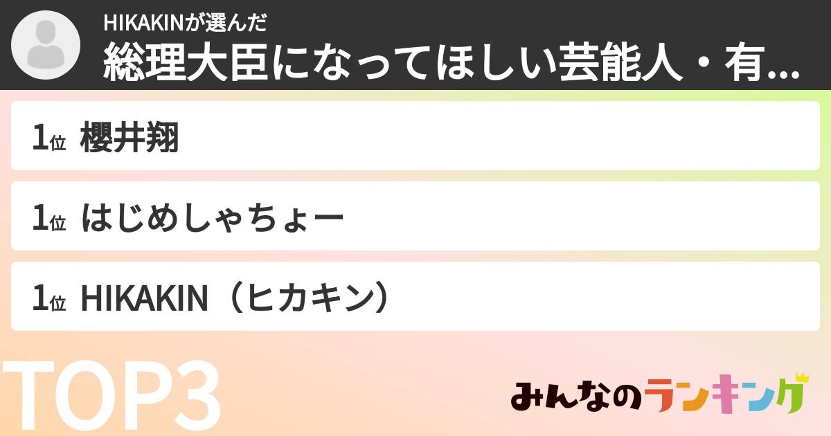 HIKAKINさんの「総理大臣になってほしい芸能人・有名人ランキング」
