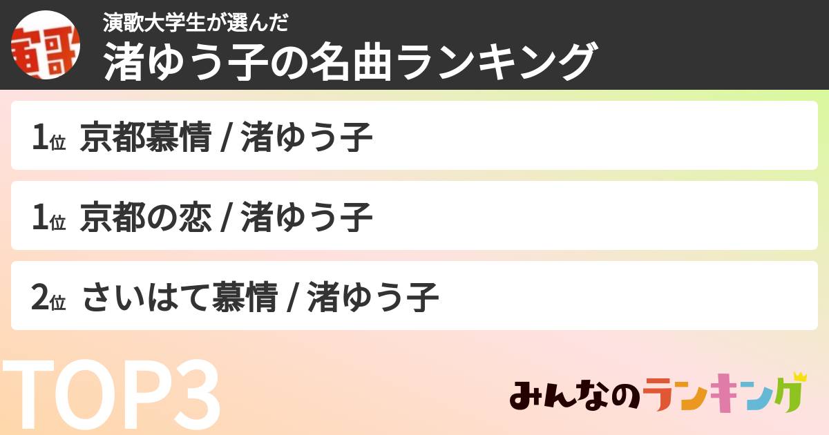 演歌大学生さんの「渚ゆう子の名曲ランキング」
