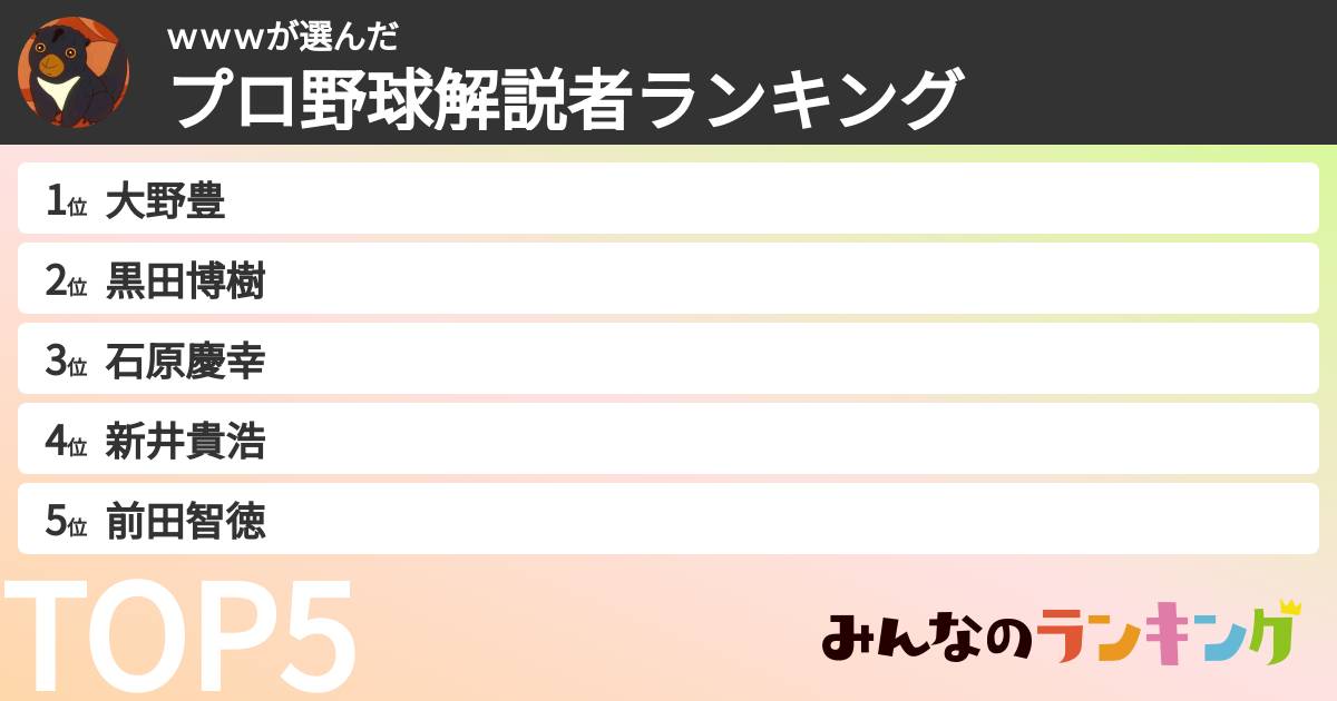 ｗｗｗさんの「プロ野球解説者ランキング」