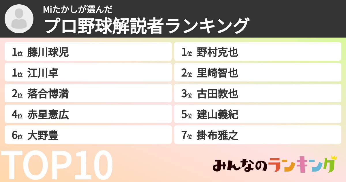 Miたかしさんの「プロ野球解説者ランキング」